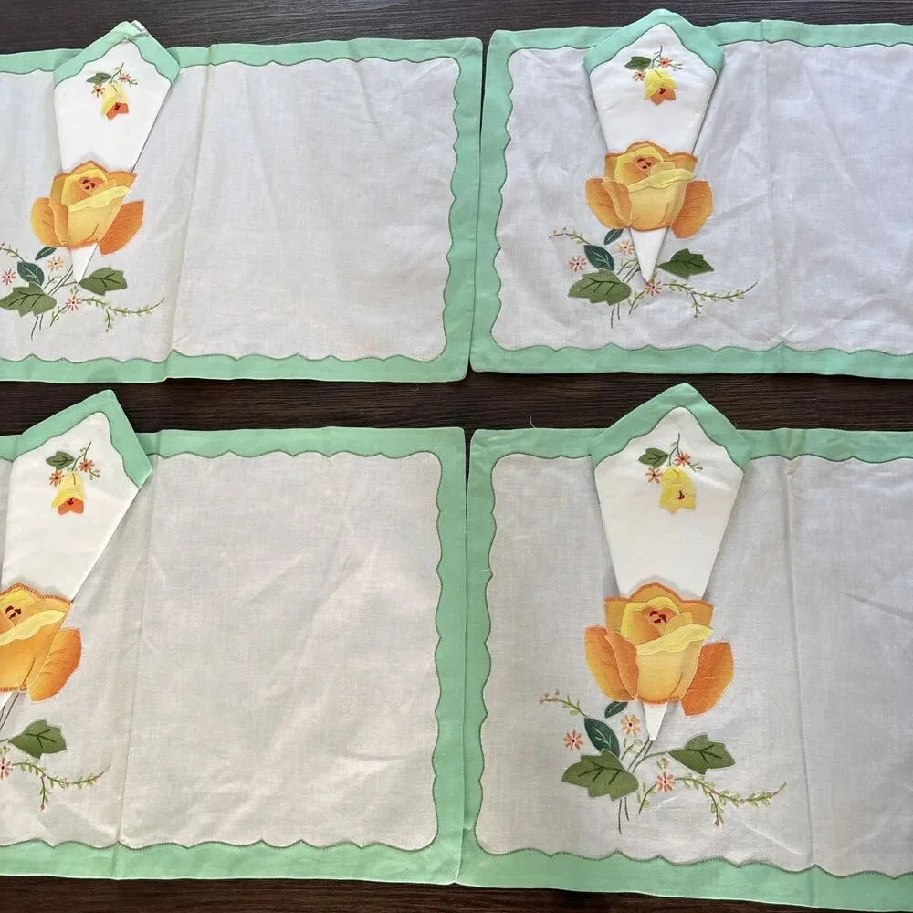 Vintage Belcrest Linen Appliqued Flowers Granny Cottage Retro 40s Handmade (4)